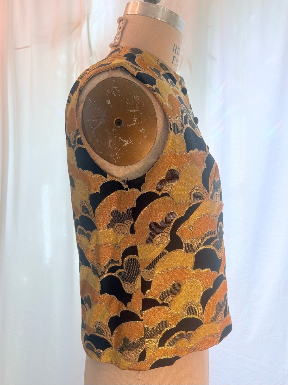 Vintage Brocade Sleeveless Vest in Gold and Black Metallic with Frog Closures - Picture 2 of 7
